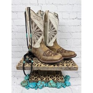 Laredo🖤🤎11 Western Boots Tan White Leather Leopard Print Square Toe festival